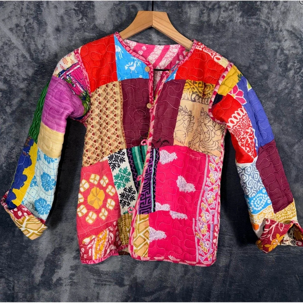 Womens Quilted Patchwork Kantha Jacket Boho Hippie Multicolor Art To Wear Coat - Picture 5 of 5